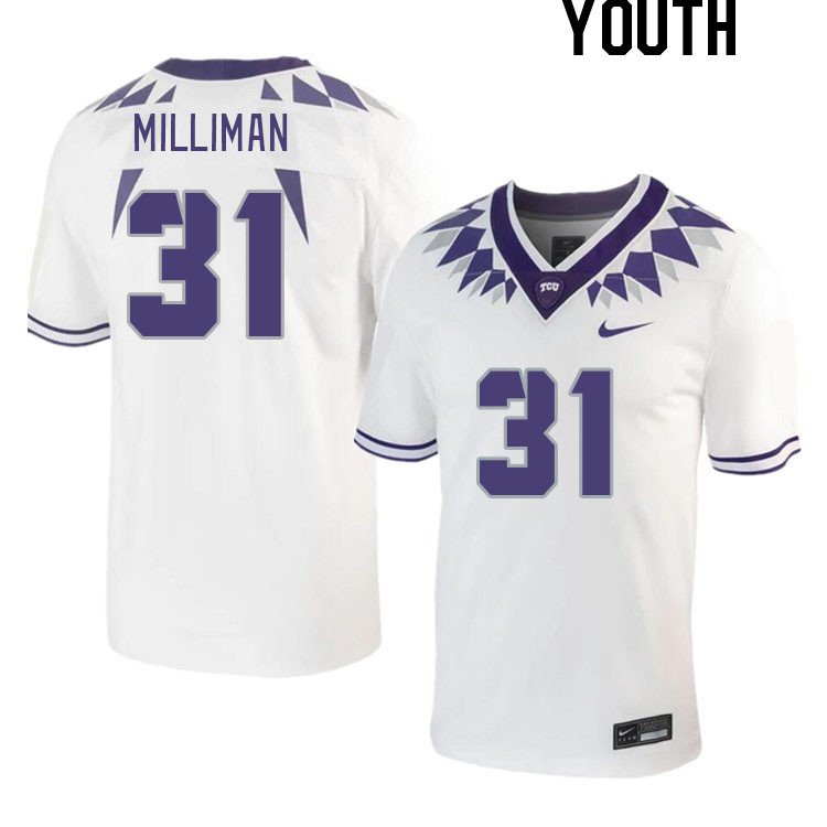 Youth #31 Jake Milliman TCU Horned Frogs 2023 College Footbal Jerseys Stitched-White - Click Image to Close